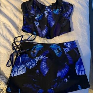 White Fox Boutique Black and Blue Butterfly Mini Skirt